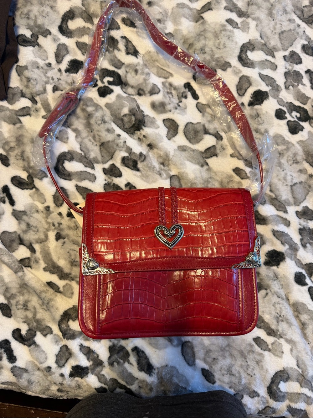 Red Croc-Embossed Heart Accent Crossbody Bag